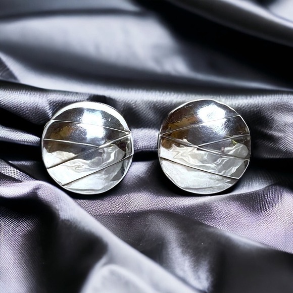 Sterling Silver Hallmarked Earrings Women’s Modern Avant-Garde Striped Clip On - Picture 1 of 6